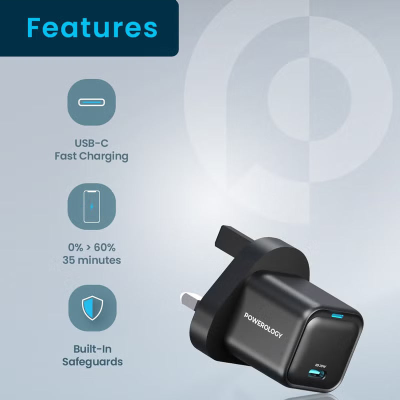 Powerology Ultra-Compact GaN Charger 20W USB-C PD Fast Charging UK Plug – Black