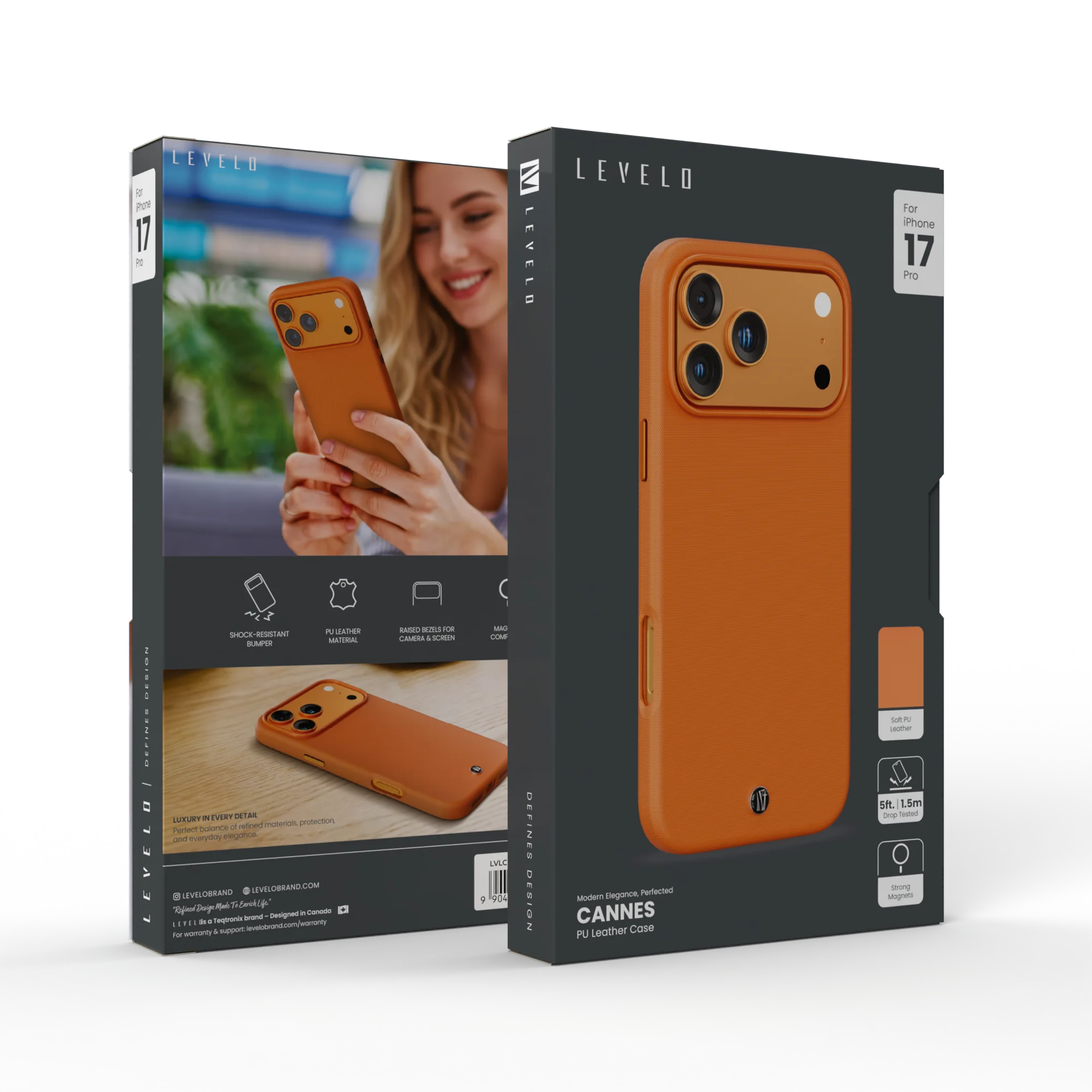 Levelo CANNES PU Leather Case for iPhone 17 Pro – Premium Protection Cover - Orange