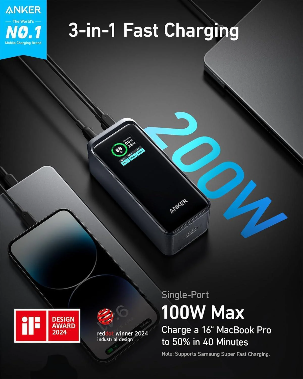 Anker Prime Power Bank, 20,000mAh Portable Charger with 200W Output, Smart Digital Display