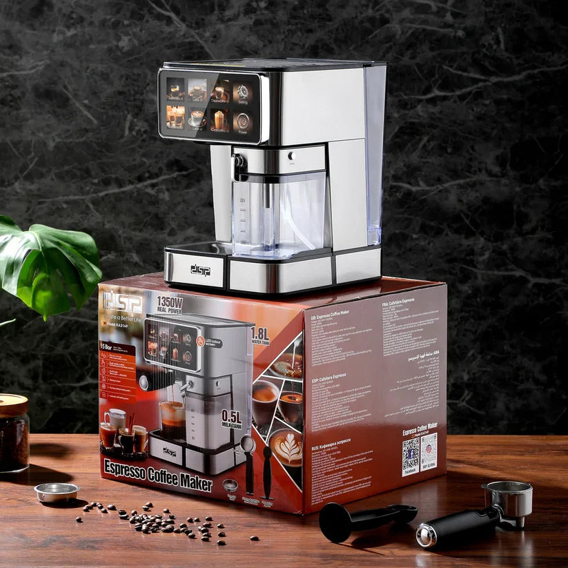 ماكينة صنع القهوة DSP Espresso بقوة 1350W ومضخة 15 بار وخزان ماء 1.8 لتر مع رغوة الحليب موديل KA3149