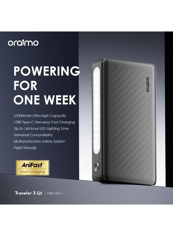 ORAIMO 27000mAh Fast Charging Powerbank- Traveler 3 Lit -Black OPB-1270