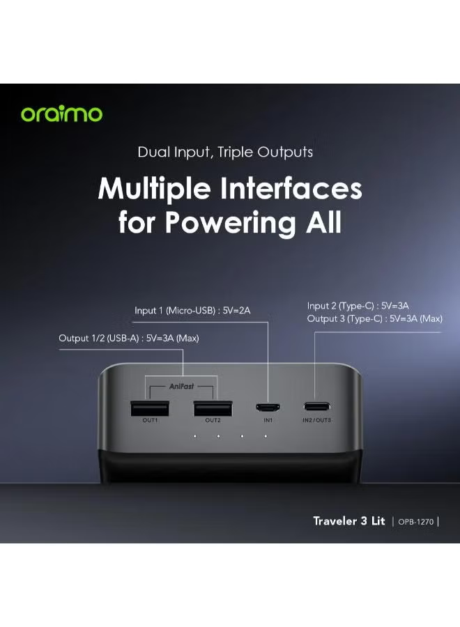 ORAIMO 27000mAh Fast Charging Powerbank- Traveler 3 Lit -Black OPB-1270