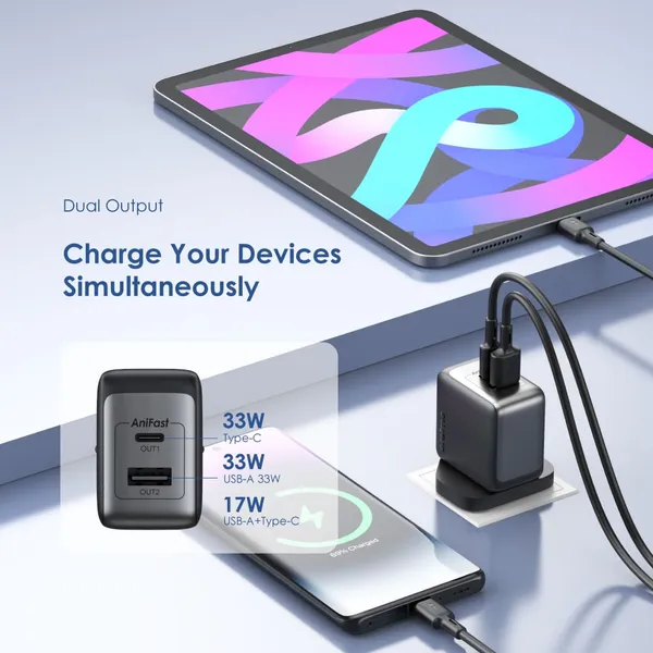 ORAIMO 33W Dual Port GAN Charger with Type C Cable- PowerGaN 33 Pro- Black