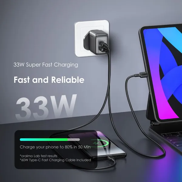 ORAIMO 33W Dual Port GAN Charger with Type C Cable- PowerGaN 33 Pro- Black