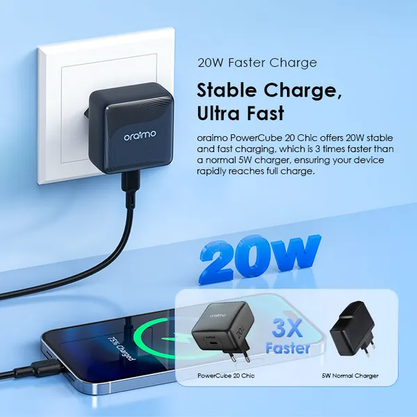 ORAIMO Compact Fast Charger with Lightning Cable- Powercube 10 Sleek- Black OCW-1111U+L53