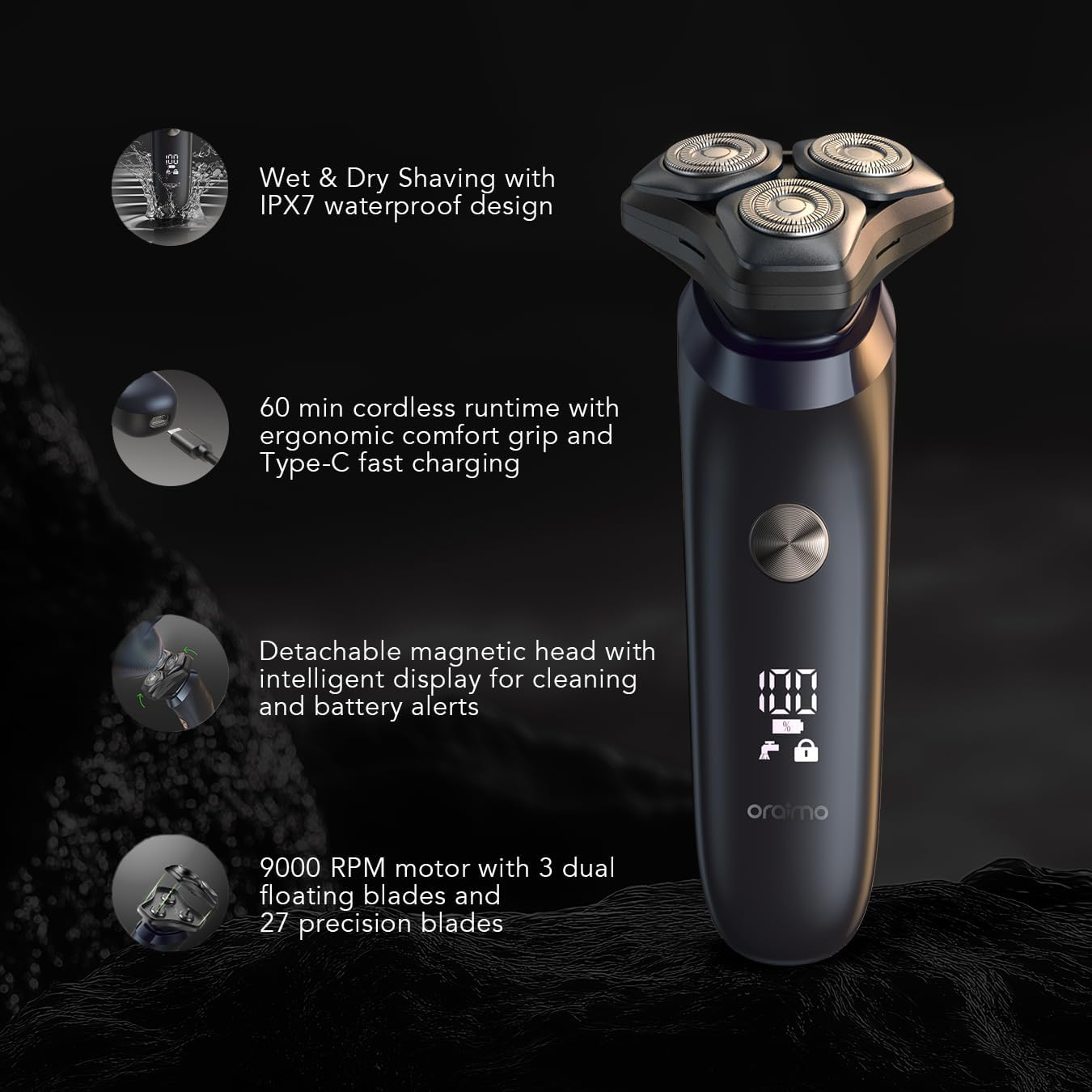ORAIMO Dual Floating Blade Multifunctional Shaver -EasyShave- Speed Black ORS-280