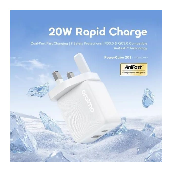 ORAIMO 20W USB & Type-C UK Charger with Type-C to Lightning 1m Cable - PowerCube 201 - White