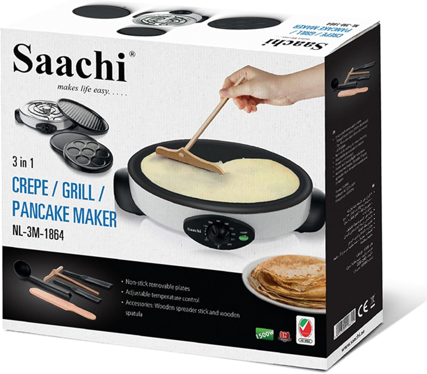 Saachi 3-in-1 Crepe/Grill/Pancake Maker NL-3M-1864-WH