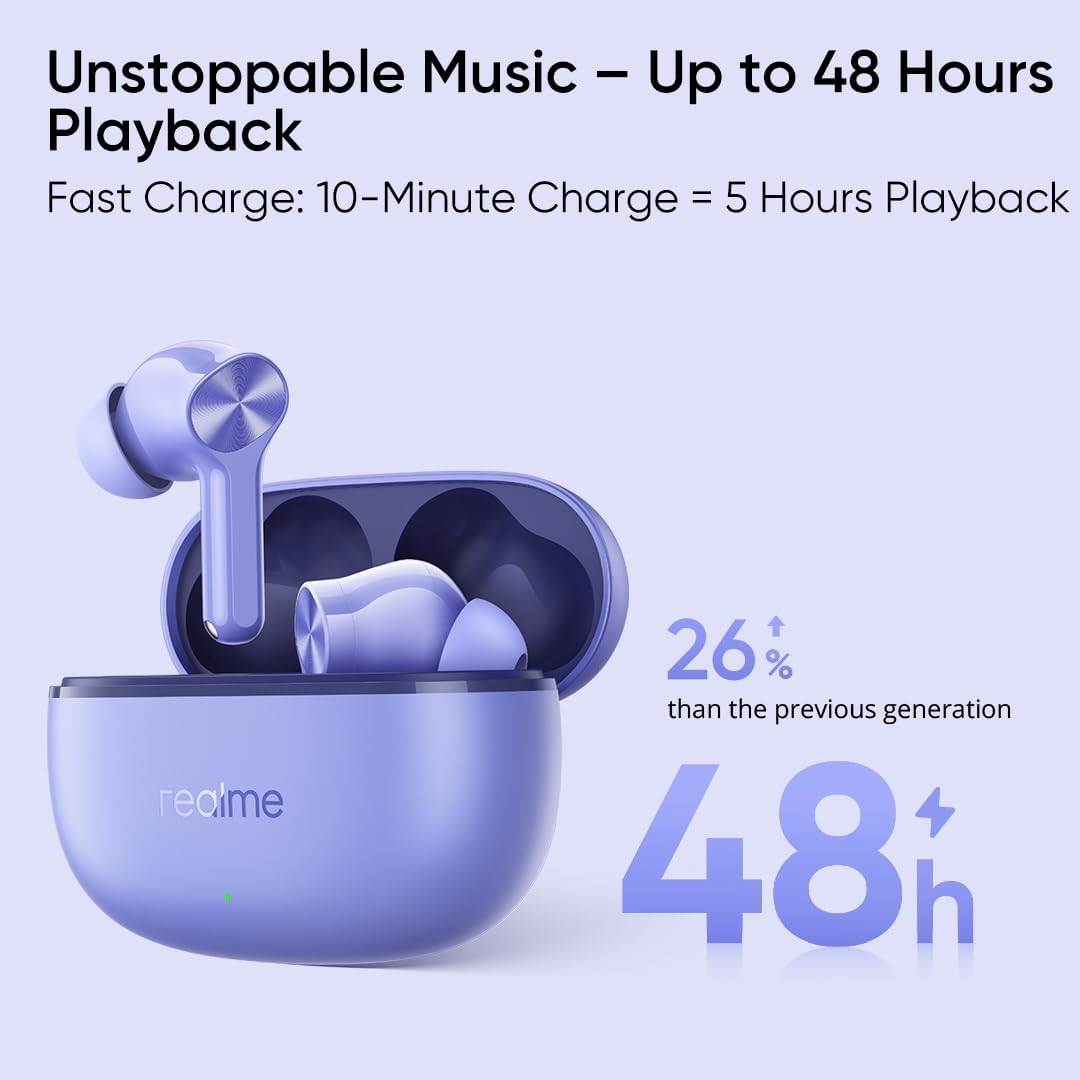 Realme Buds T200 Lite True Wireless Earbuds Bluetooth 5.4 with AI ENC & 48H Playback – Black / Purple / Grey