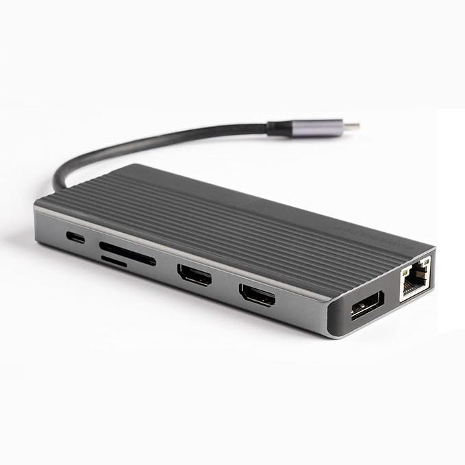 Powerology 13-in-1 USB-C Hub with Dual HDMI, DisplayPort, Ethernet & 100W Power Delivery – Gray