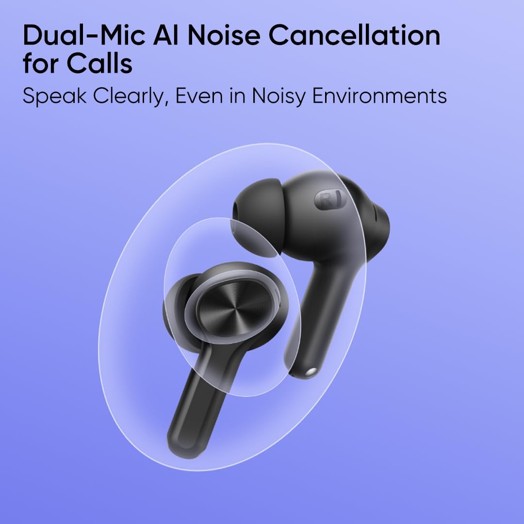 Realme Buds T200 Lite True Wireless Earbuds Bluetooth 5.4 with AI ENC & 48H Playback – Black / Purple / Grey
