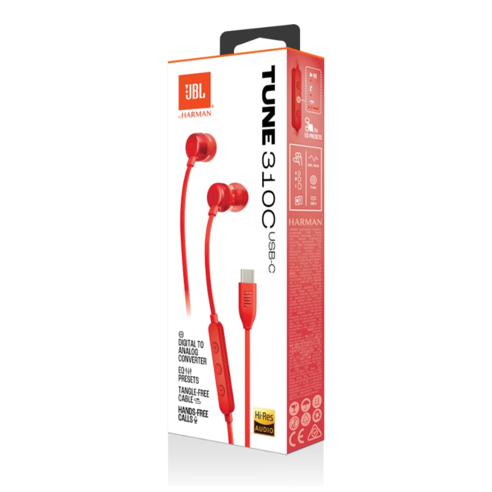 سماعات JBL Tune 310C USB-C Hi-Res داخل الأذن مع JBL Pure Bass – أسود / أبيض / أزرق / أحمر