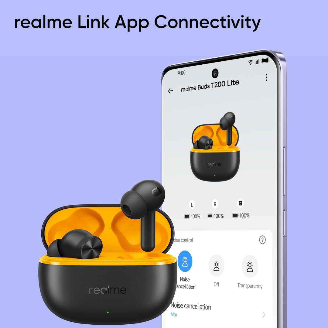 Realme Buds T200 Lite True Wireless Earbuds Bluetooth 5.4 with AI ENC & 48H Playback – Black / Purple / Grey