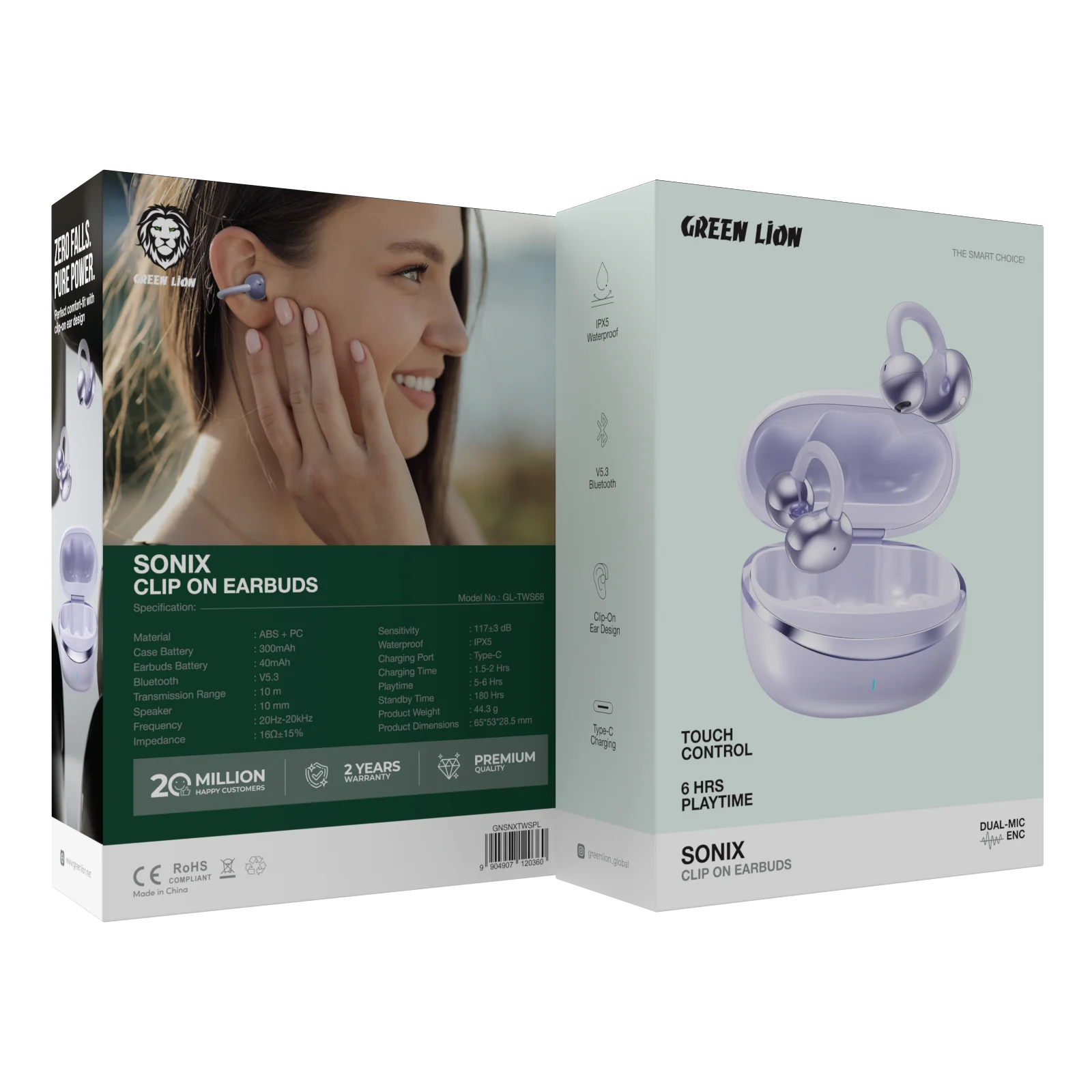 سماعات Green Lion Sonix Clip-On اللاسلكية مع ENC وتحكم باللمس – ألوان متعددة