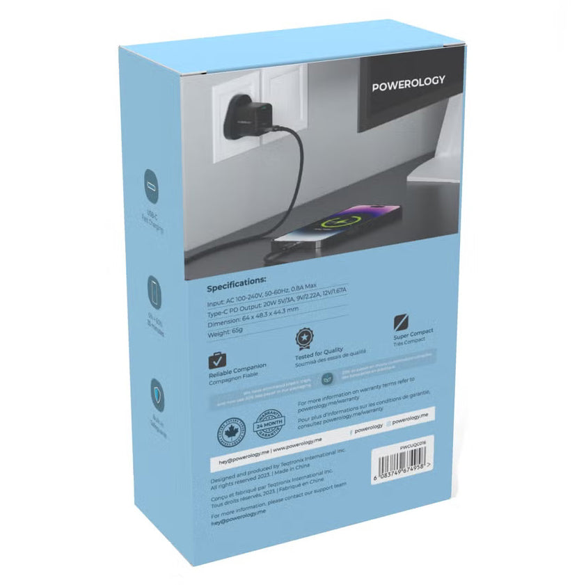 Powerology Ultra-Compact GaN Charger 20W USB-C PD Fast Charging UK Plug – Black