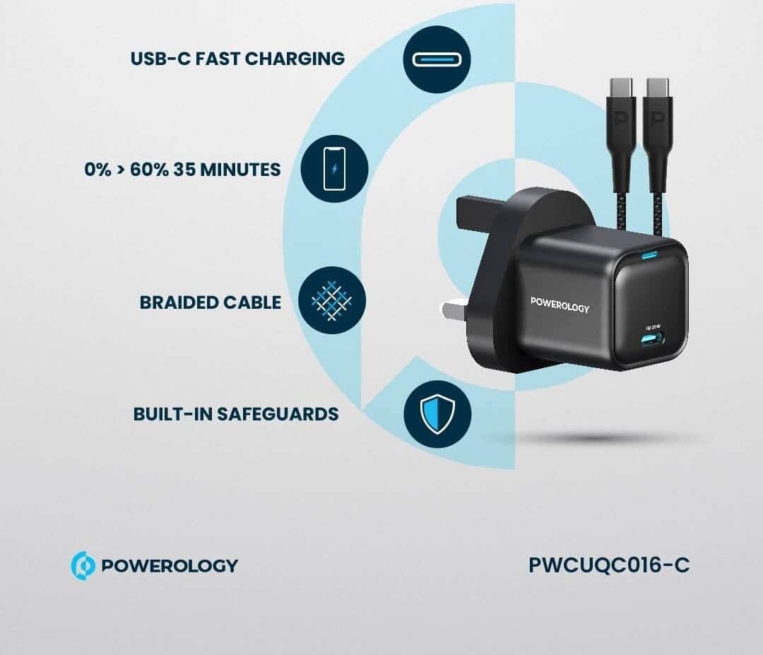 Powerology UltraCompact 20W Single C Port PD Charger UK