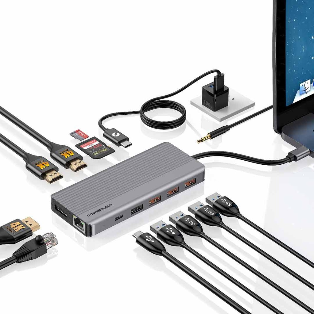Powerology 13-in-1 Dual HDMI & DisplayPort USB-C HUB Ethernet - Gray