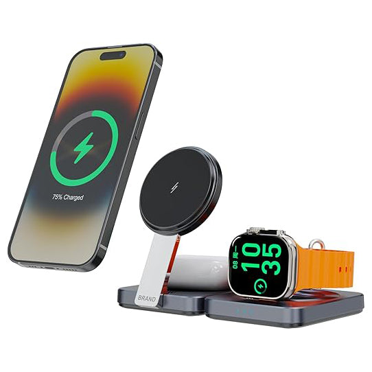 Powerology 3-in-1 Foldable Magnetic Wireless Charging Stand with Qi2 15W Fast Charging – Dark Gray