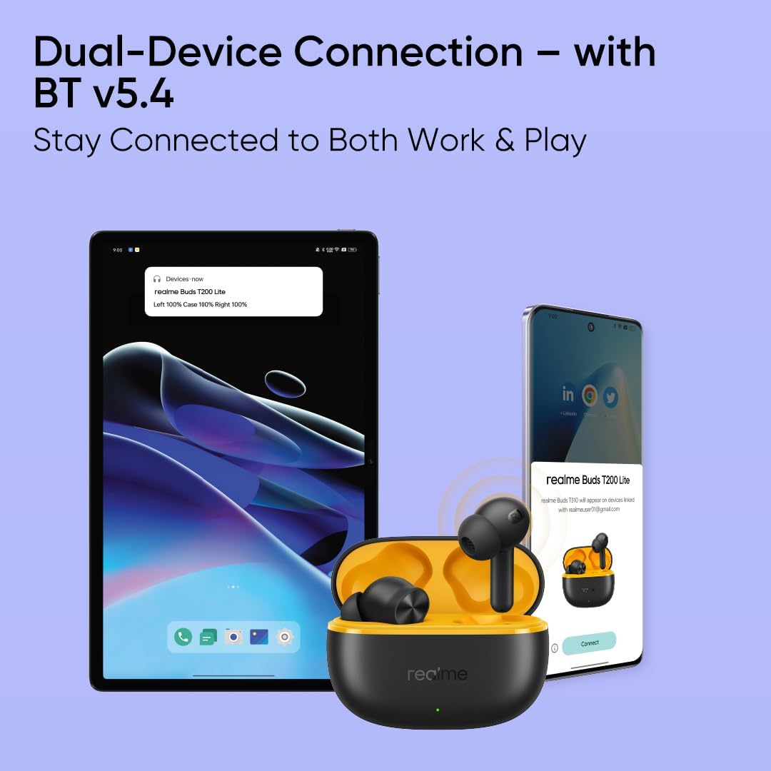 Realme Buds T200 Lite True Wireless Earbuds Bluetooth 5.4 with AI ENC & 48H Playback – Black / Purple / Grey