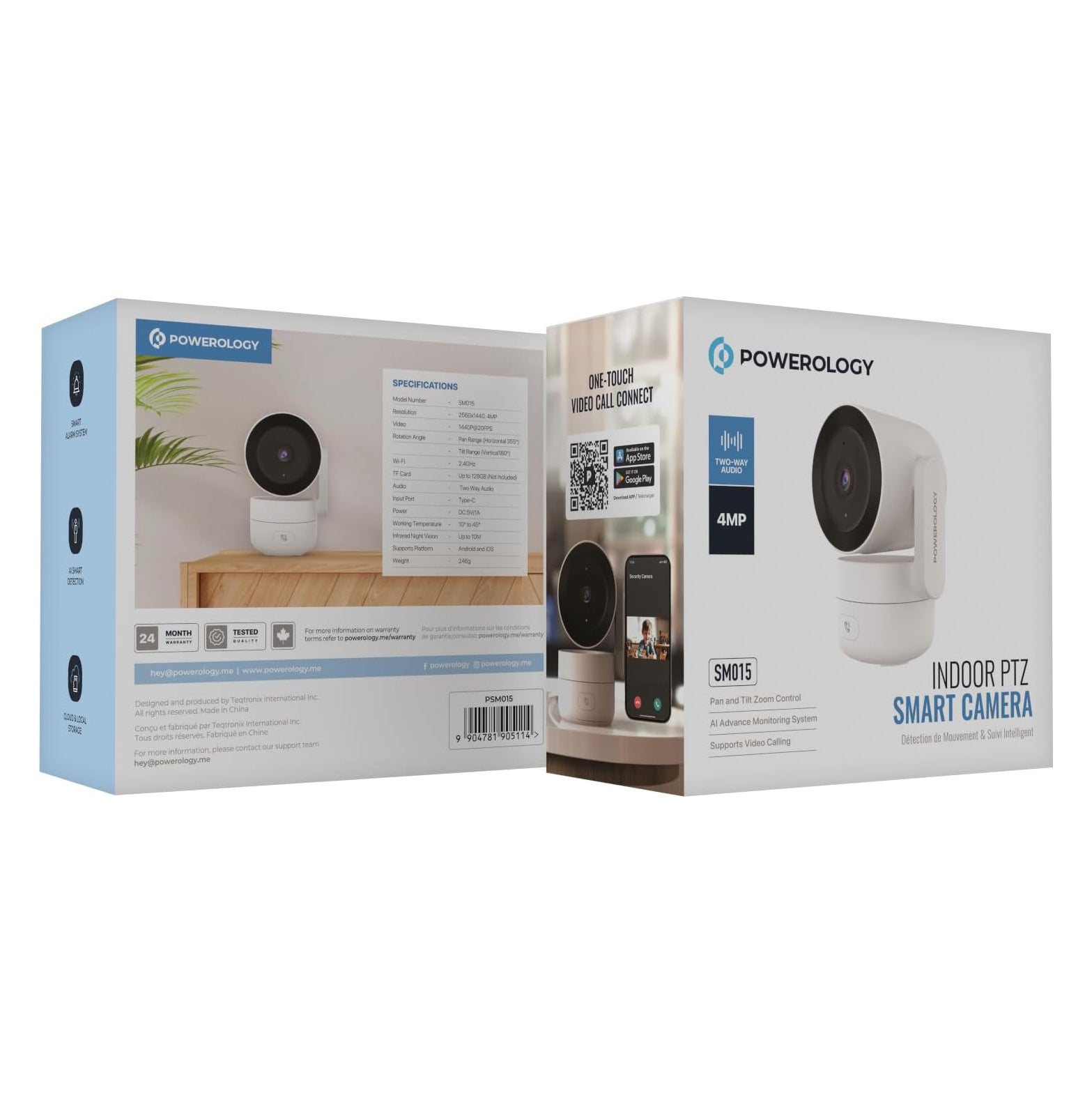 Powerology 4MP Indoor PTZ Smart Camera with Dual-Band WiFi, AI Motion Detection & 256GB Storage Support – White