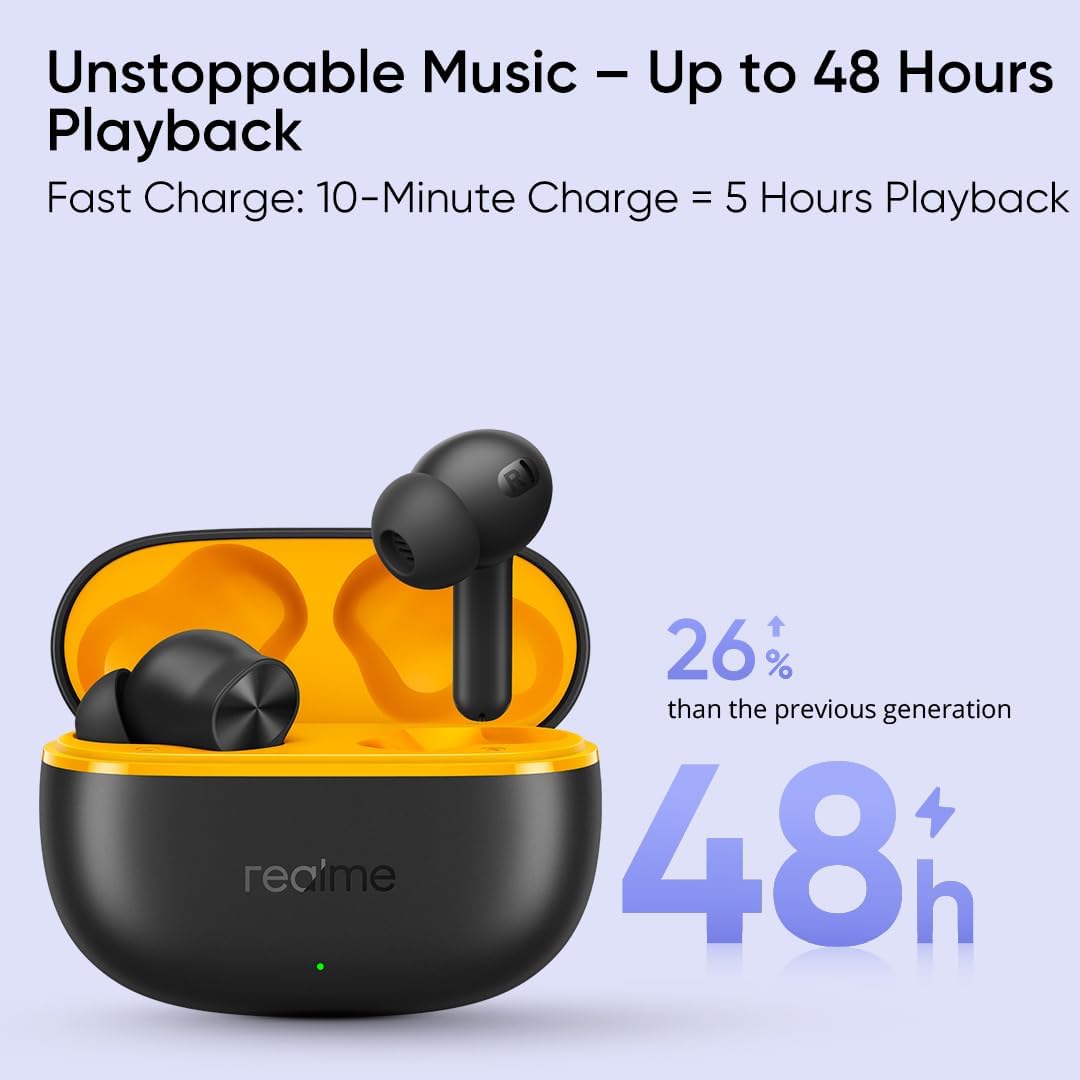 Realme Buds T200 Lite True Wireless Earbuds Bluetooth 5.4 with AI ENC & 48H Playback – Black / Purple / Grey