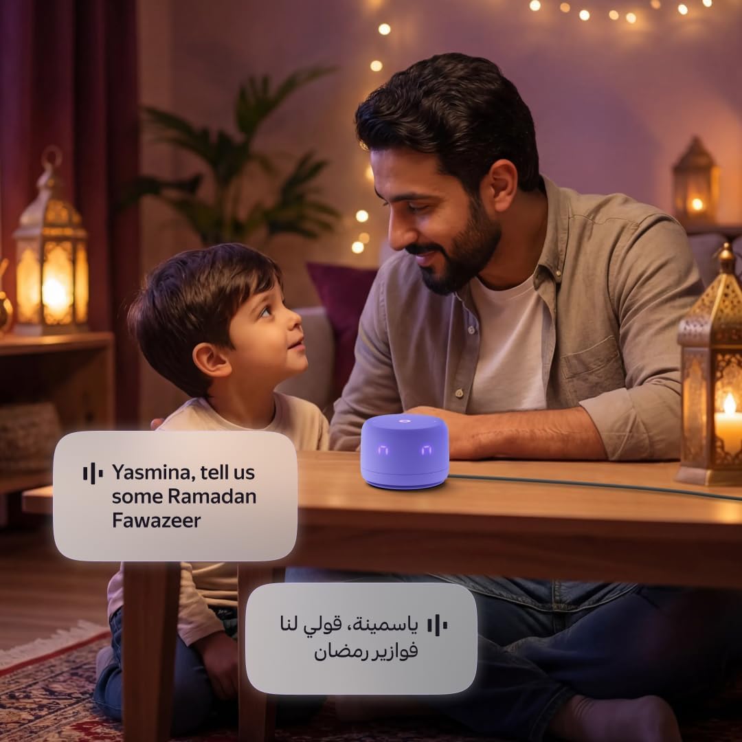 Yango Yasmina Lite AI Smart Speaker with LED Clock, Bluetooth, Wi-Fi & Voice Assistant – Green / Violet