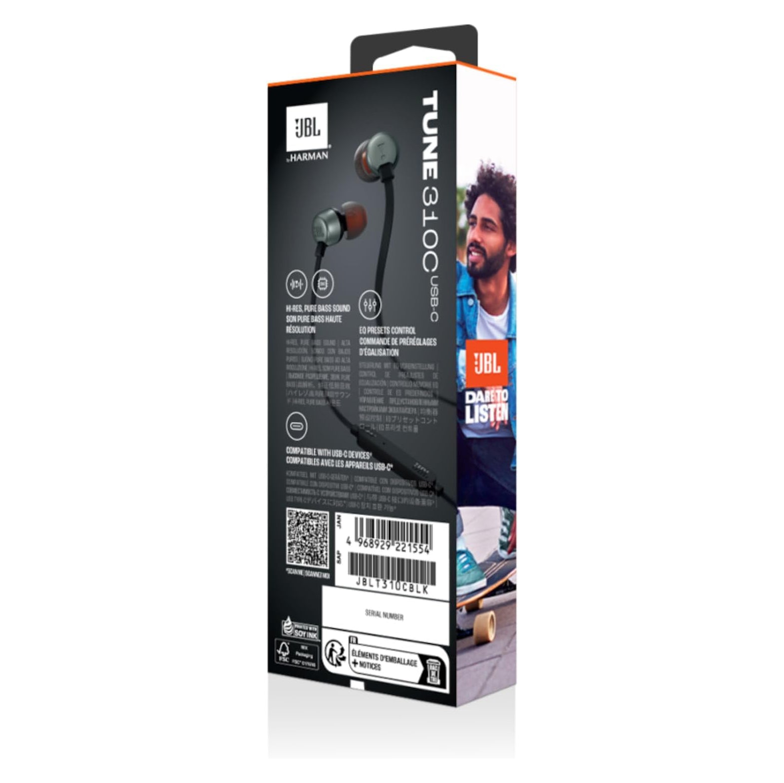 سماعات JBL Tune 310C USB-C Hi-Res داخل الأذن مع JBL Pure Bass – أسود / أبيض / أزرق / أحمر
