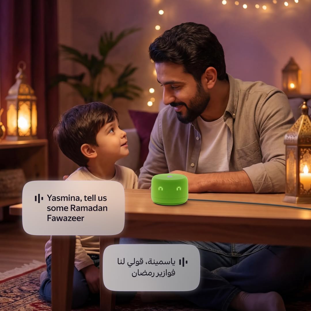 Yango Yasmina Lite AI Smart Speaker with LED Clock, Bluetooth, Wi-Fi & Voice Assistant – Green / Violet