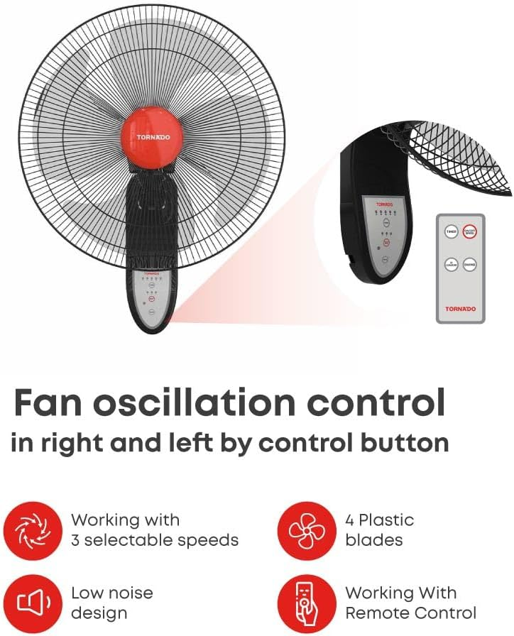 Tornado Wall Fan 18 inch 3 Speed Levels 4 Blades with Remote Control 220 W EPS-18R