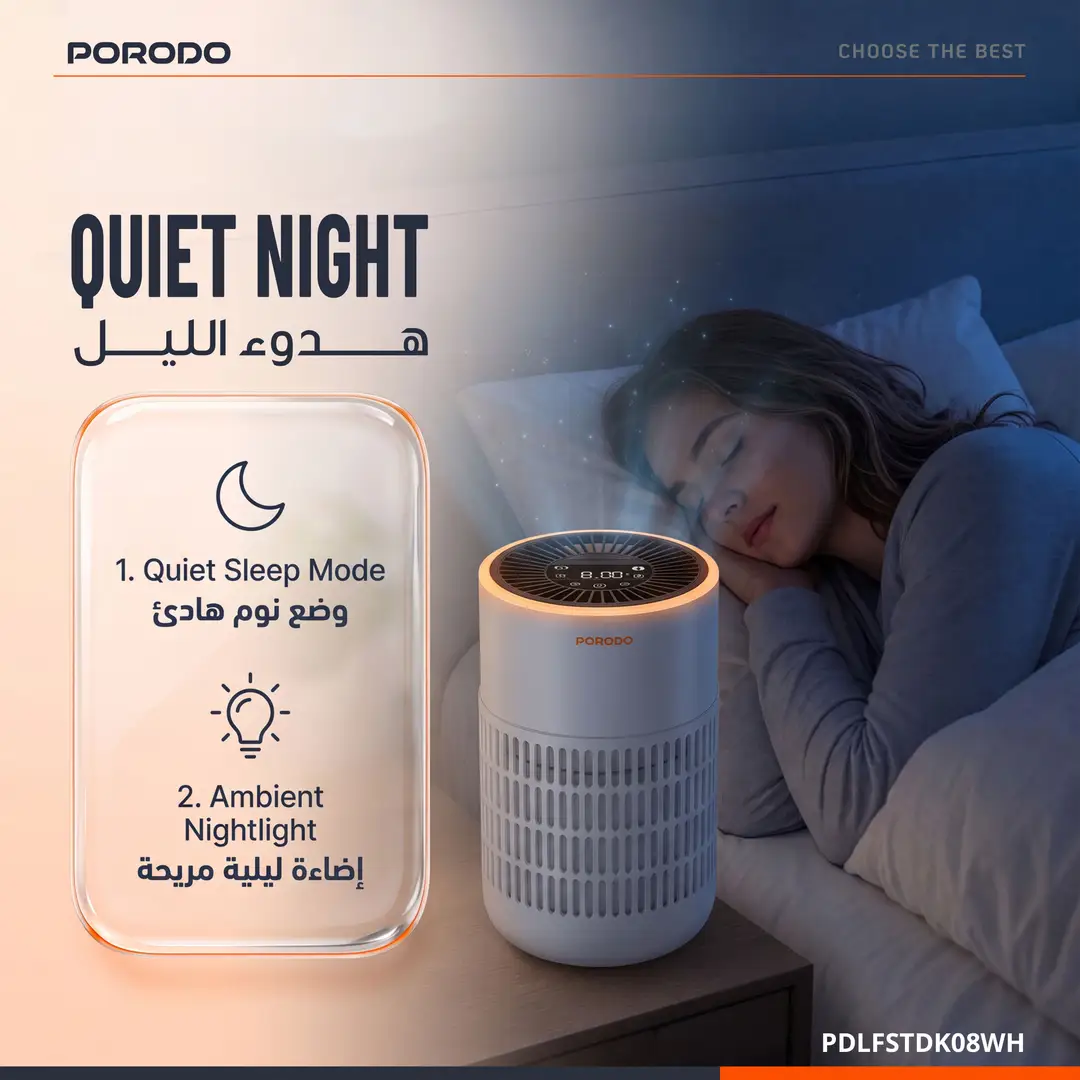 Porodo Lifestyle Compact Air Purifier with H13 HEPA Filtration Remote Control & Essential Oil Diffuser - White