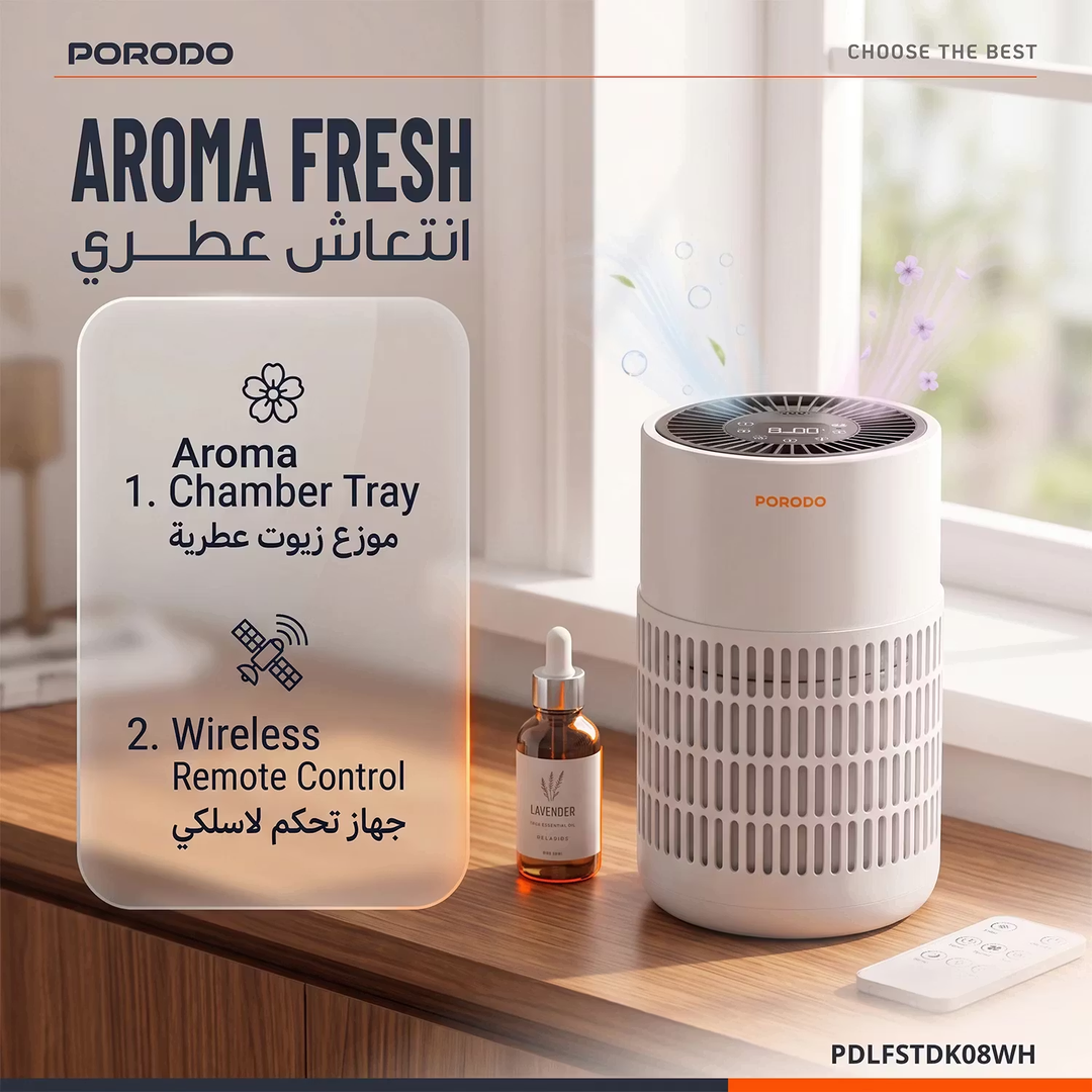 Porodo Lifestyle Air Purifier with H13 HEPA Filtration Remote Control & Essential Oil Diffuser - White