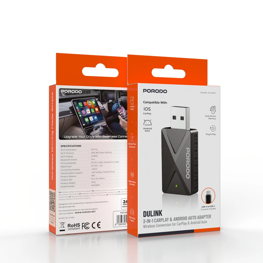 PORODO 2-in-1 Wireless CarPlay & Android Auto Adapter - Black