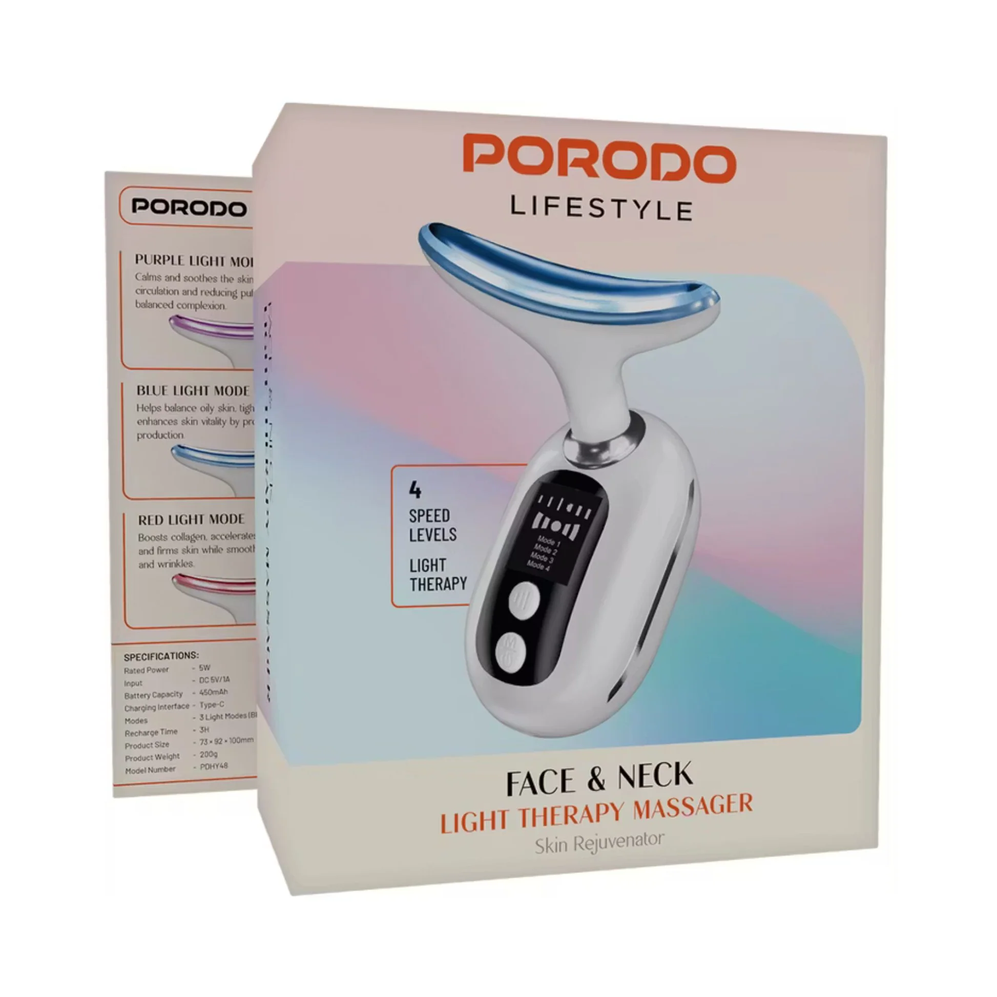 Porodo Lifestyle Face and Neck Massager 400mah with 4 Modes and three LED Lights -White