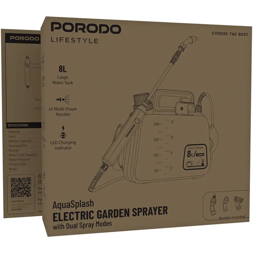Porodo Lifestyle AquaSplash 2-in-1 1500mAh Portable Garden Electric Water Sprayer - Orange
