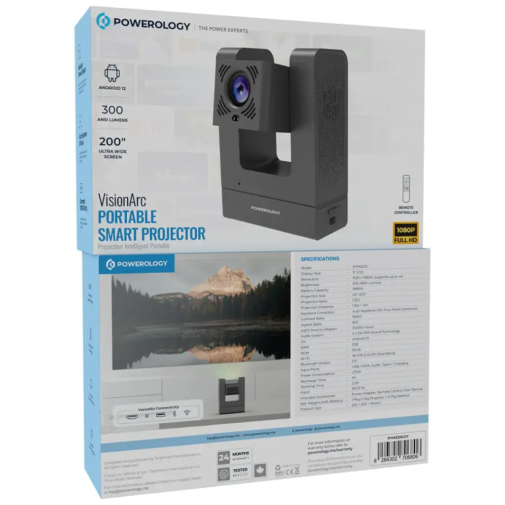 Powerology VisionArc 3" LCD 1920*1080P 300 ANSI Projector with Detachable Battery - Gray