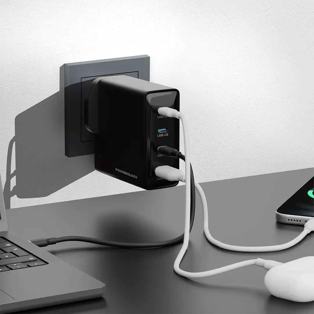 Powerology VoltX 140W GaN Fast Charger - 3*USB-C + 1*USB-A - Black