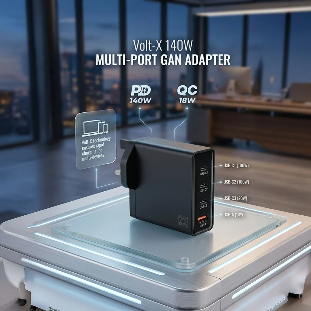 Powerology VoltX 140W GaN Fast Charger - 3*USB-C + 1*USB-A - Black