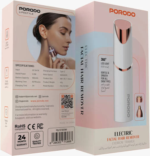 Porodo 2 in 1 Rechargeable 180mah Face Shaver and Eyebrow Trimmer- Pink