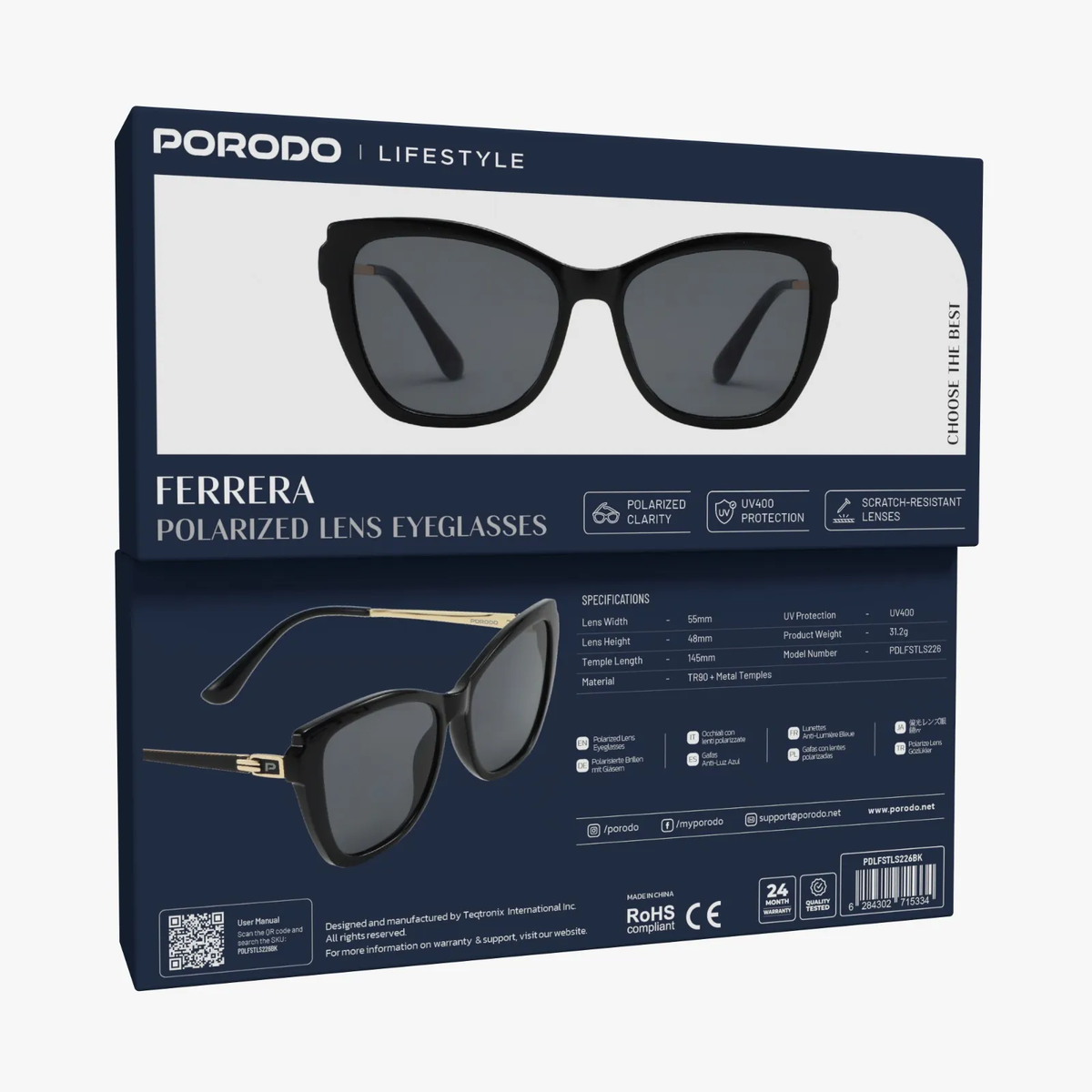 Porodo Lifestyle Trendy Square Frame Sunglass With Polarized Lens