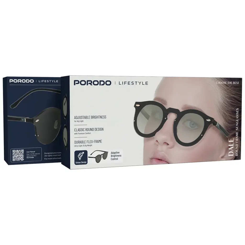 Porodo Dale Lifestyle Retro Round Frame Sunglasses With Manual Adjustable Darkness Control