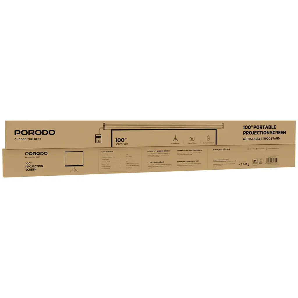 Porodo 100" Projector Screen 4:3 With Tripod - White