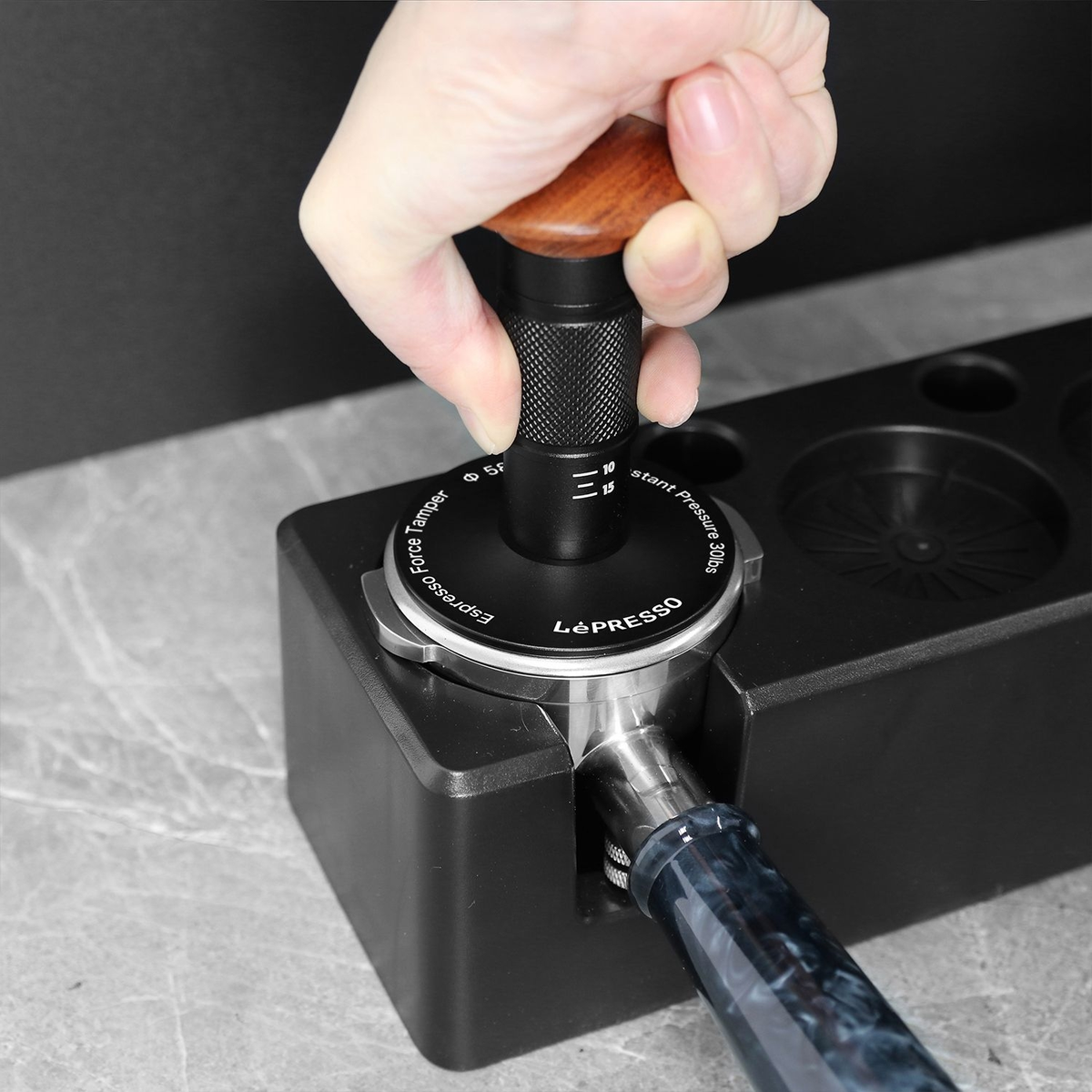 LePresso Auto Pressure Release 58mm Tamper with Thread Base - Black