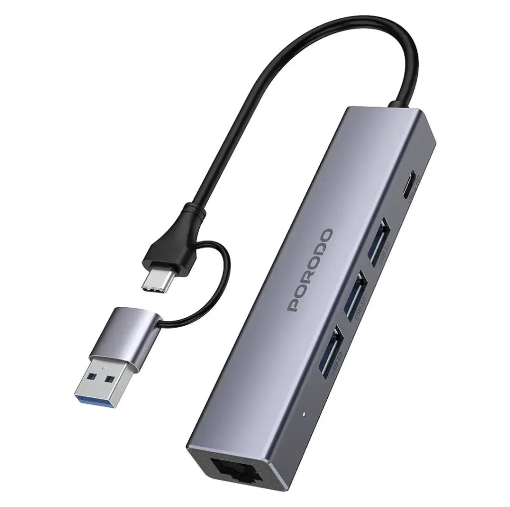 Porodo 5-1 Hub with Interchangable Heads PD100w 1000M RJ45 GREY