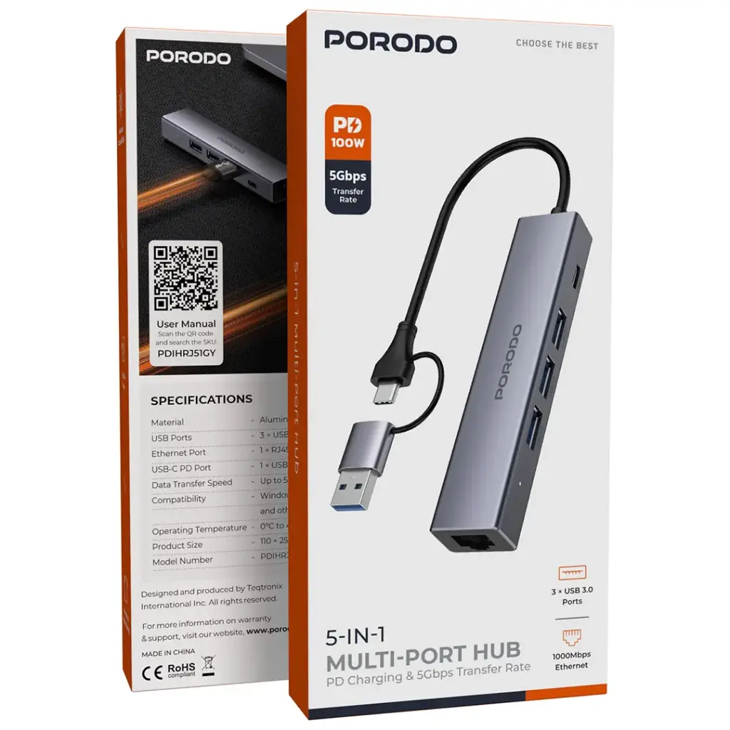 Porodo 5-1 Hub with Interchangable Heads PD100w 1000M RJ45 GREY