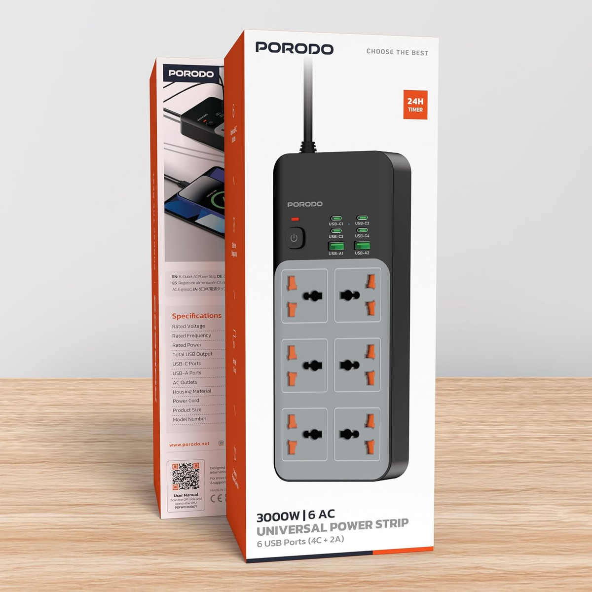 Porodo 6-1 Power Socket with Universal AC Output 4C 3M Length
