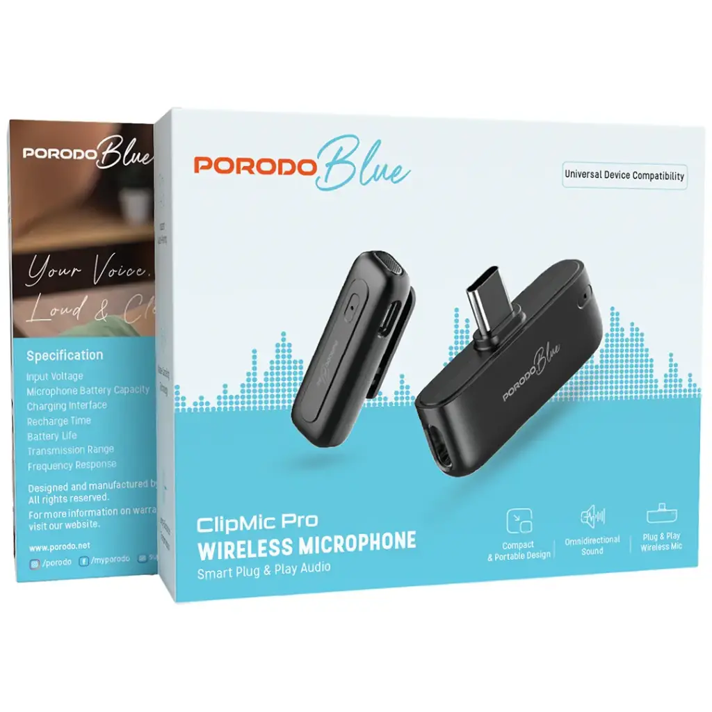 Porodo Blue ClipMic Pro Microphone X2 without Charging Case Type-c - Black