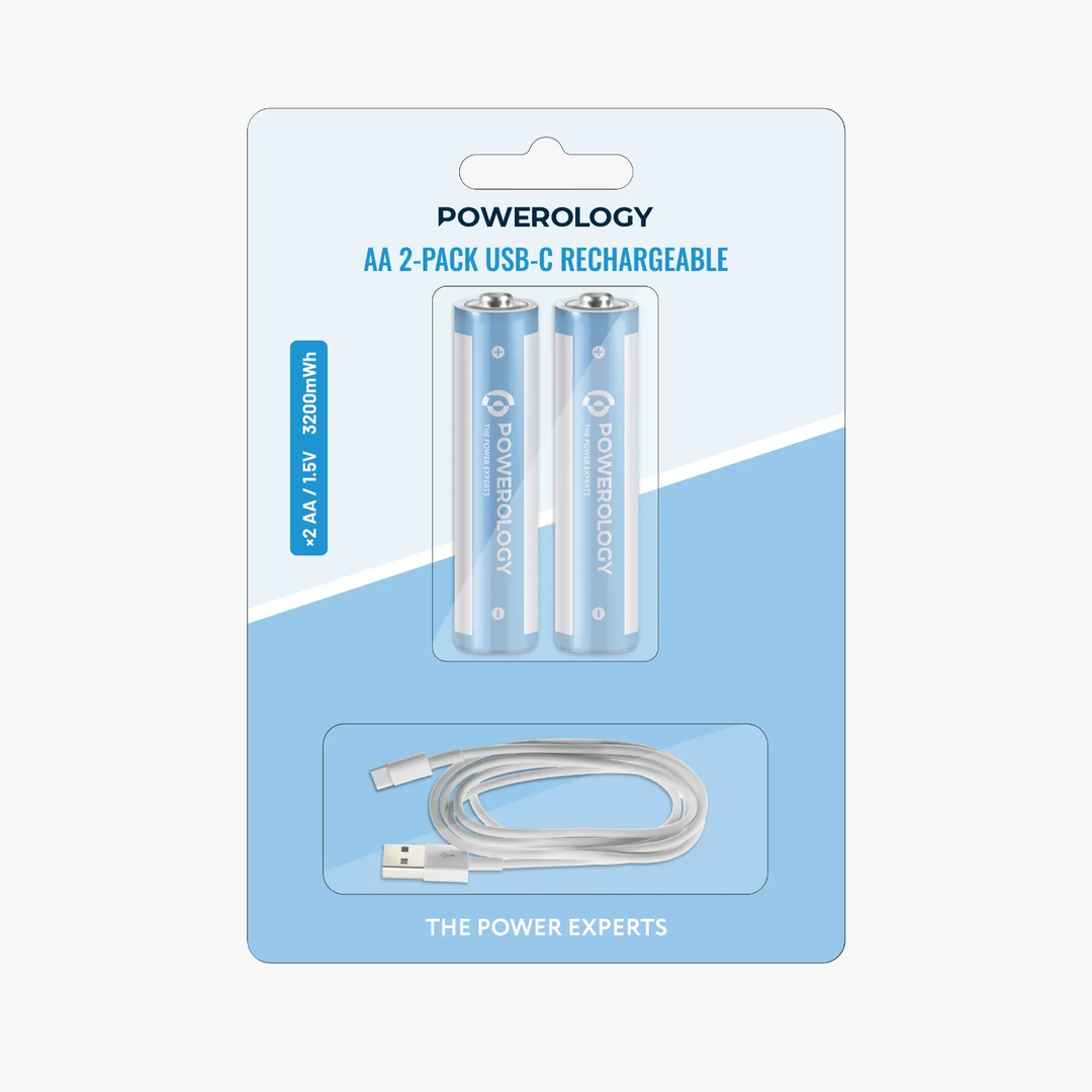 Powerology 1.5V Type-c Rechargeable Lithium-ion Battery AA Battery 3200mWh 2pcs per Pack