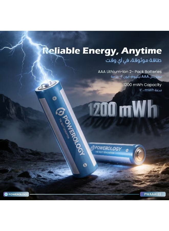 Powerology 1.5V Type-c Rechargeable Lithium-ion Battery AAA Battery 1200mWh 2pcs per Pack