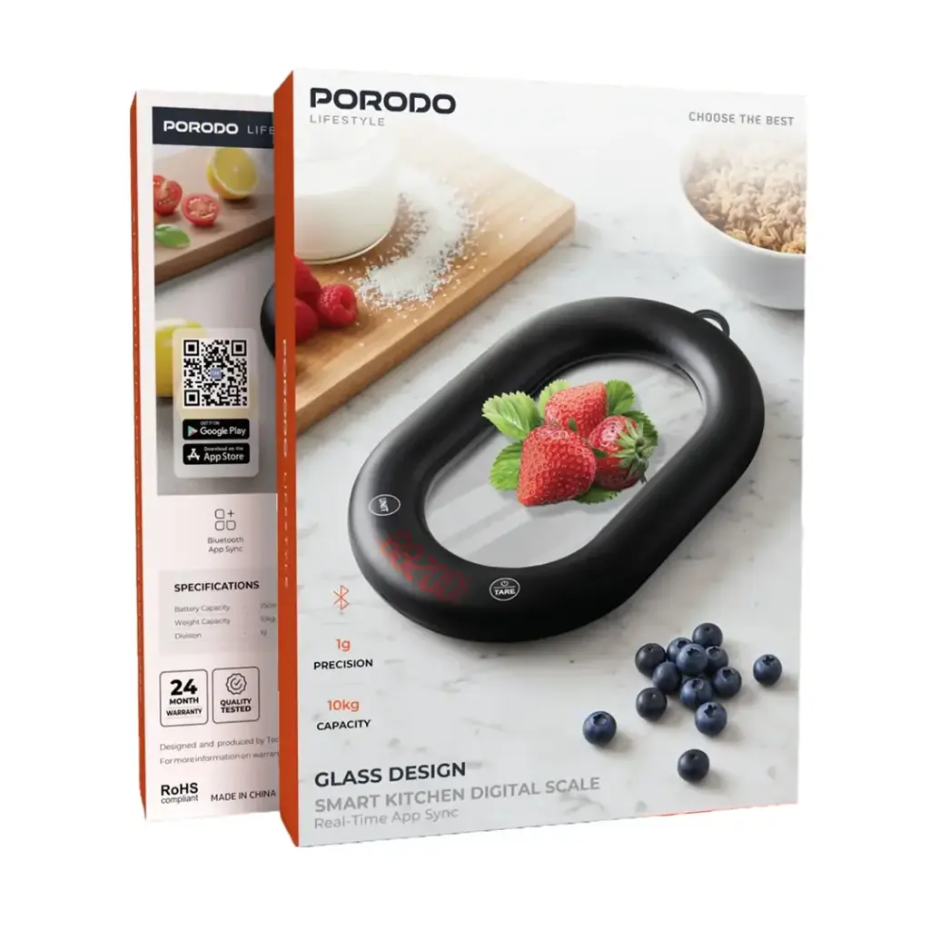 Porodo Glass Design Lifestyle Bluetooth Rechargeable Digital Smart Kitchen Scale