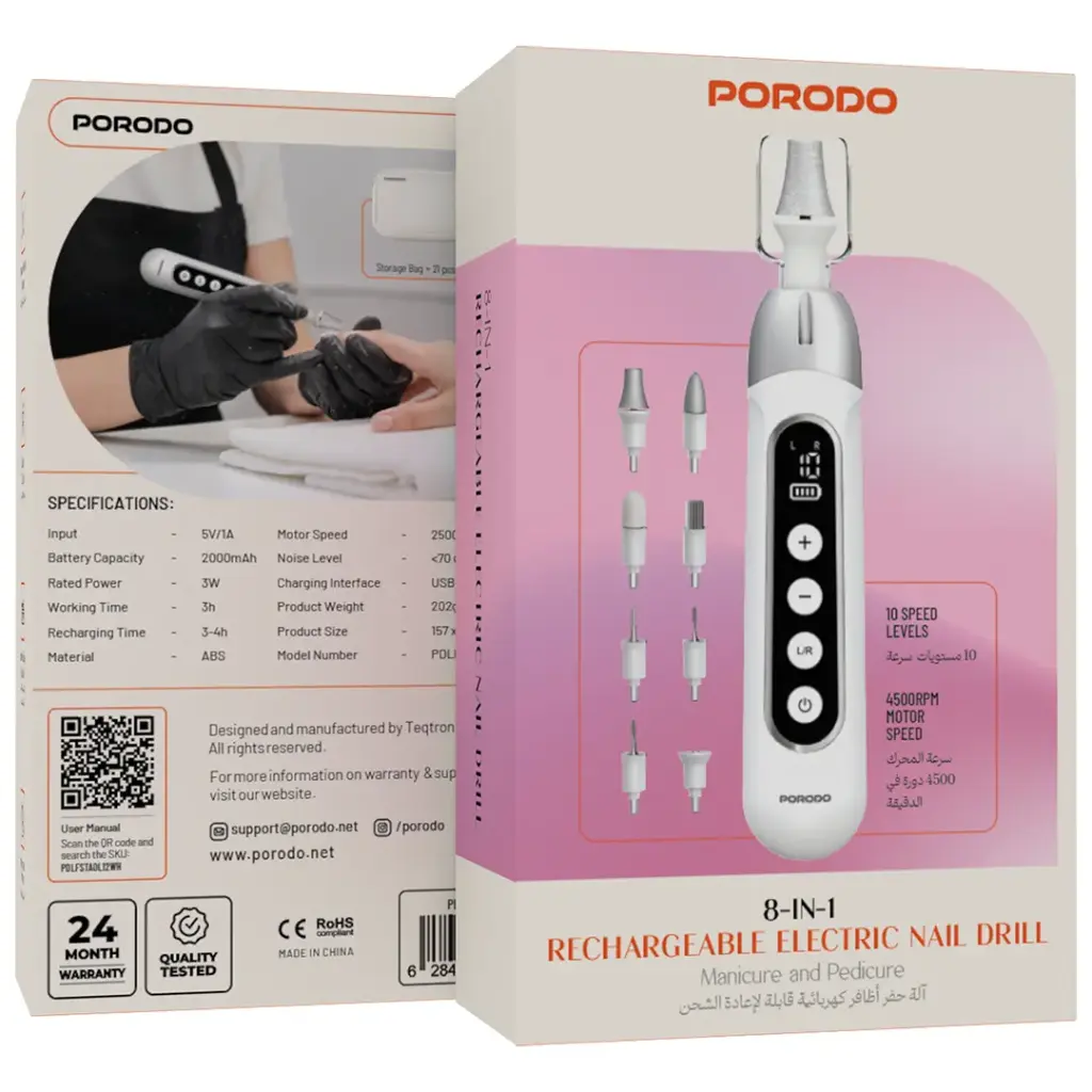 Porodo Lifestyle 8 in 1 Rechargeable Electric Nail Drill with 10 Speeds and LED Disp